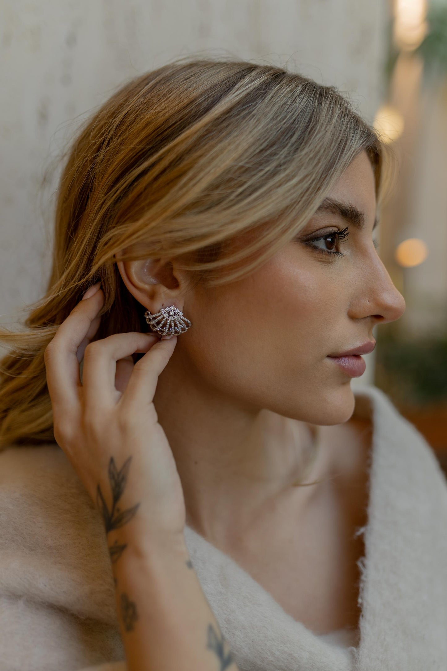 Brinco Leque Cristal Ródio Branco