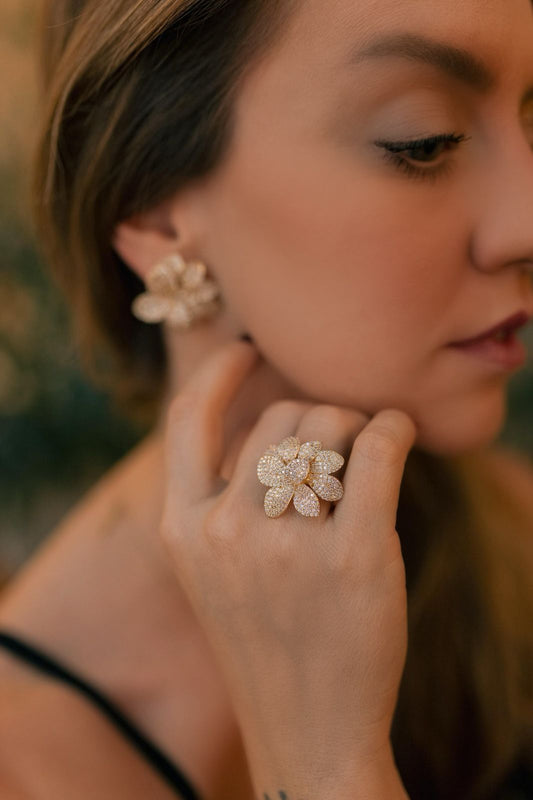 Anel Flor Duo Cravejado Dourado