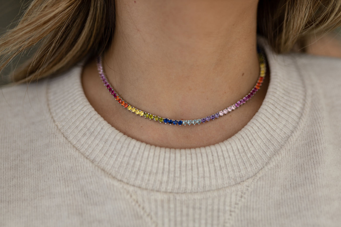 Colar Riviera 3 pontas Rainbow Ródio Branco