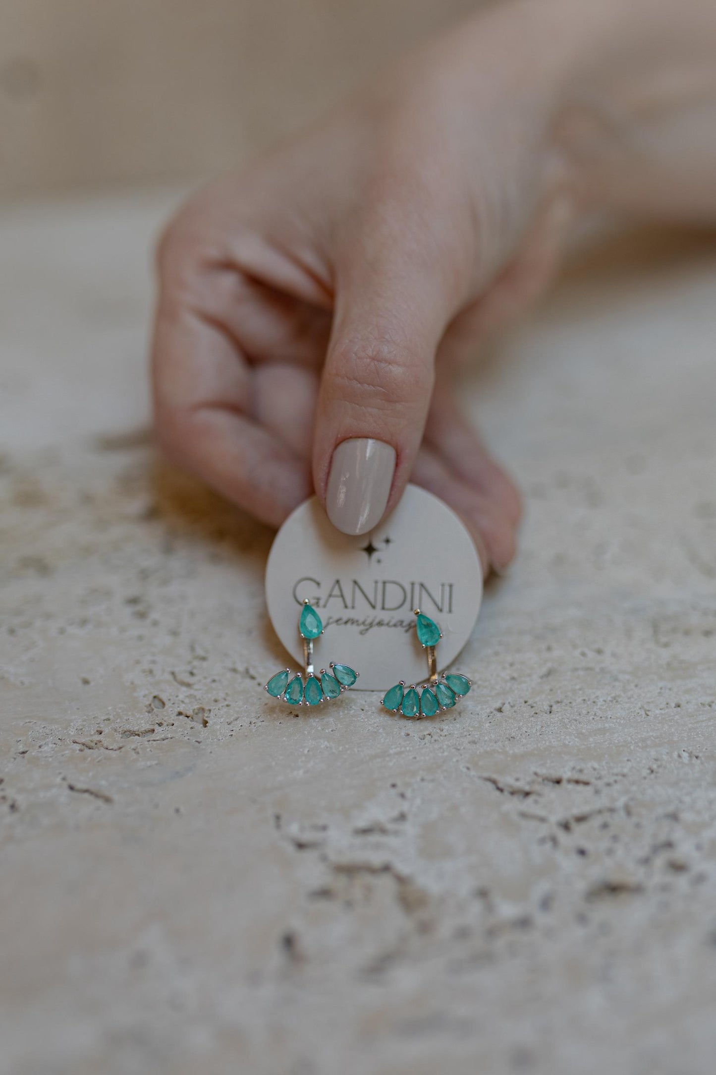 Brinco Ear Jacket Esmeralda Colombiana 6 Gotinhas Prata 925 Ródio Branco