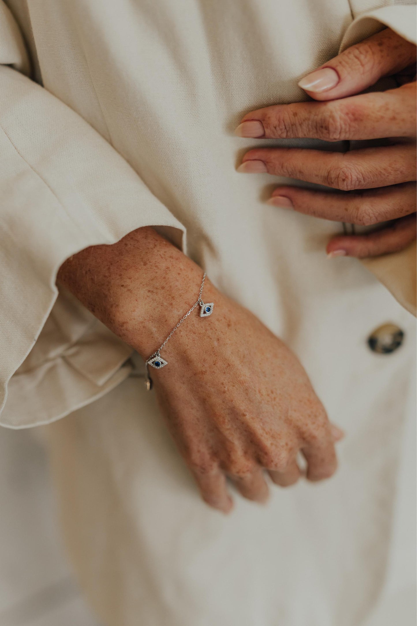 Pulseira Olho Grego Safira Prata 925 Ródio Branco