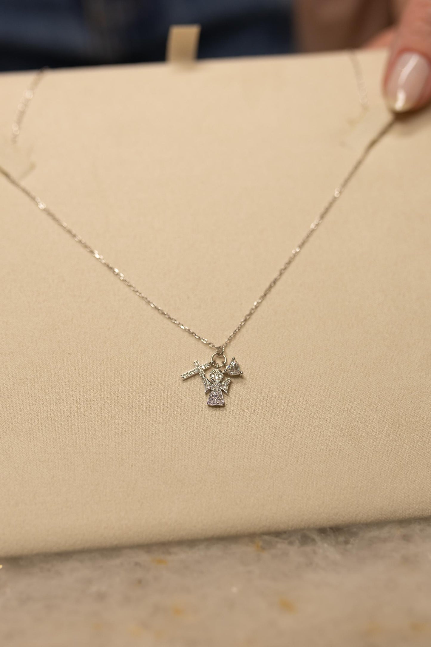 Colar Mix Pingentes Anjo Moissanite Prata 925 Ródio Branco
