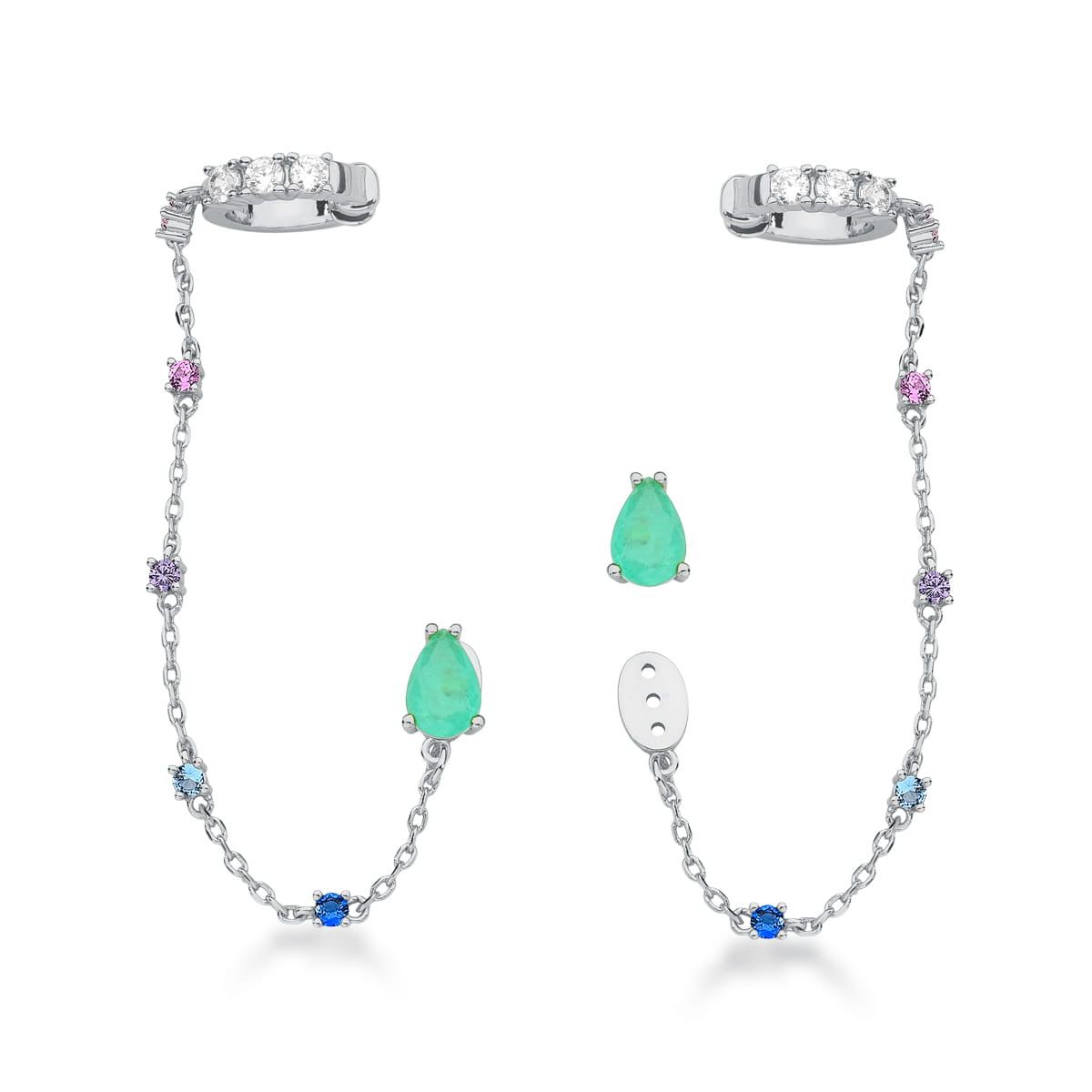 Brinco 2 em 1 Gota Turmalina Fusion Piercing Fake Ródio Branco