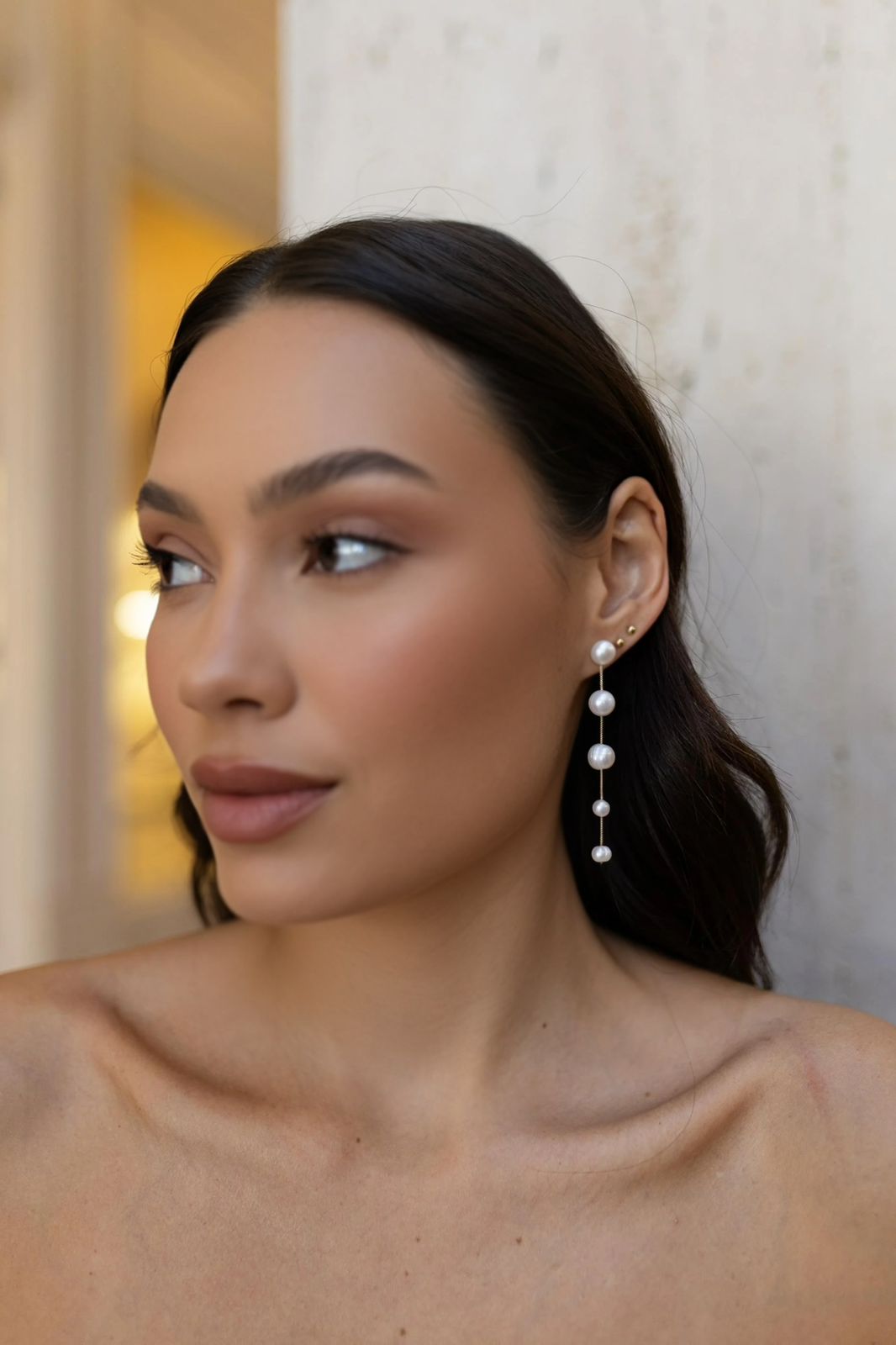 Brinco 2 em 1 Pérolas de Água Doce Cascata Decrescente Dourado