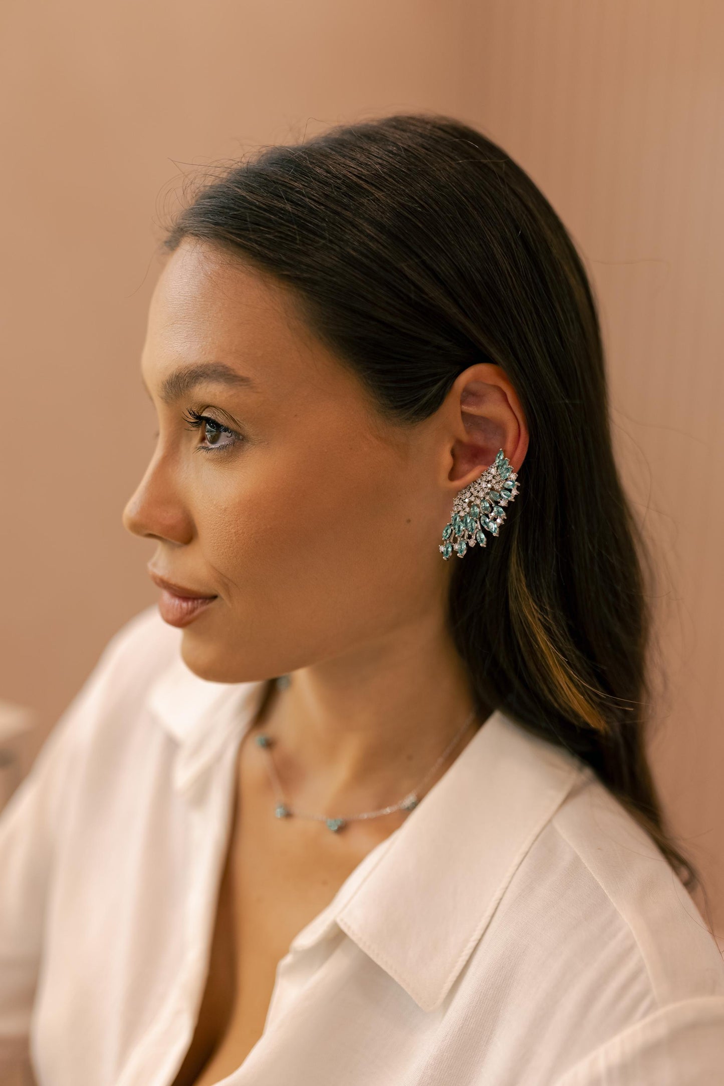 Brinco Ear Cuff Asas Turquesa Ródio Branco