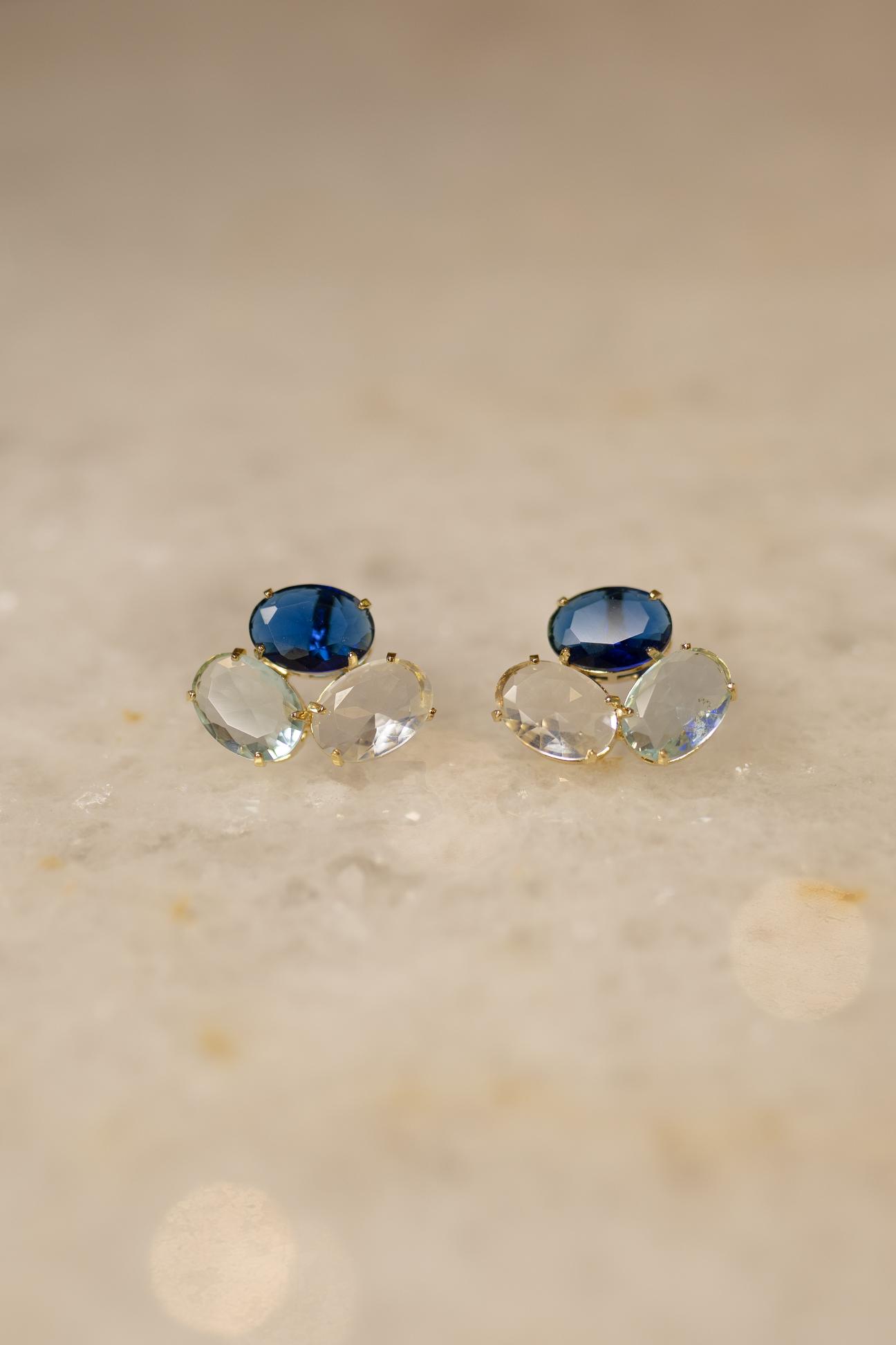 Brinco Tons de Azul Oval Dourado