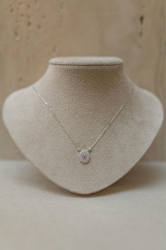 Colar Nossa Senhora das Graças Mini Duplo Cravejado Moissanite Prata 925 Ródio Branco