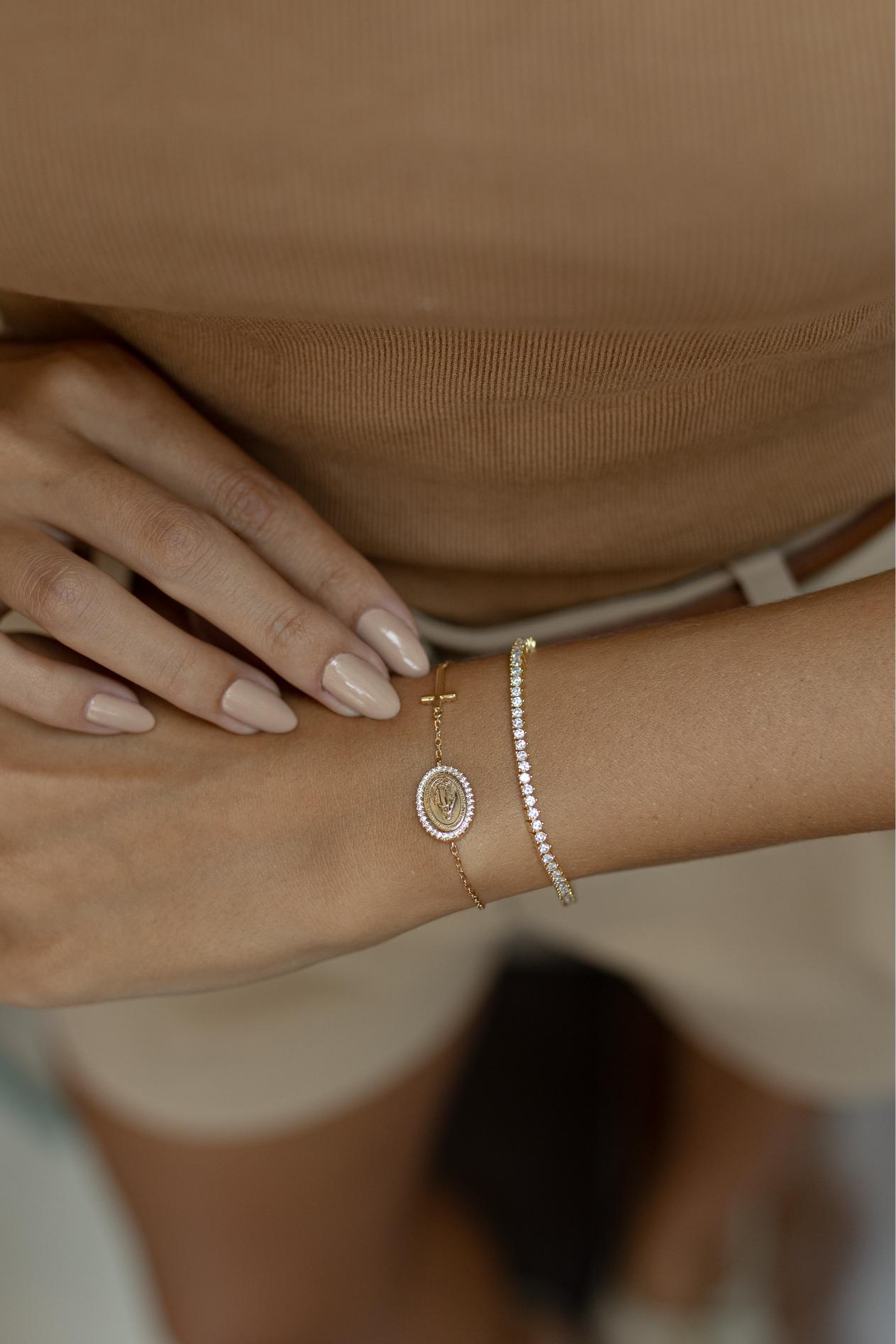 Pulseira Nossa Senhora das Graças Cruz Moissanite Prata 925 Dourado