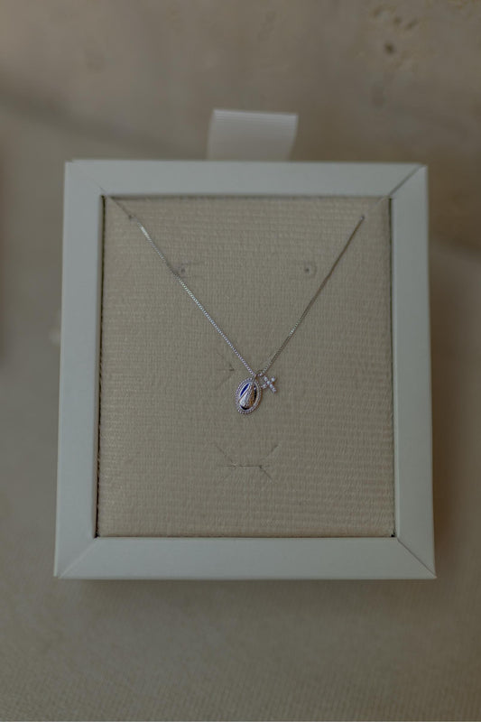 Colar Nossa Senhora Aparecida Cruz Cravejada Ródio Branco