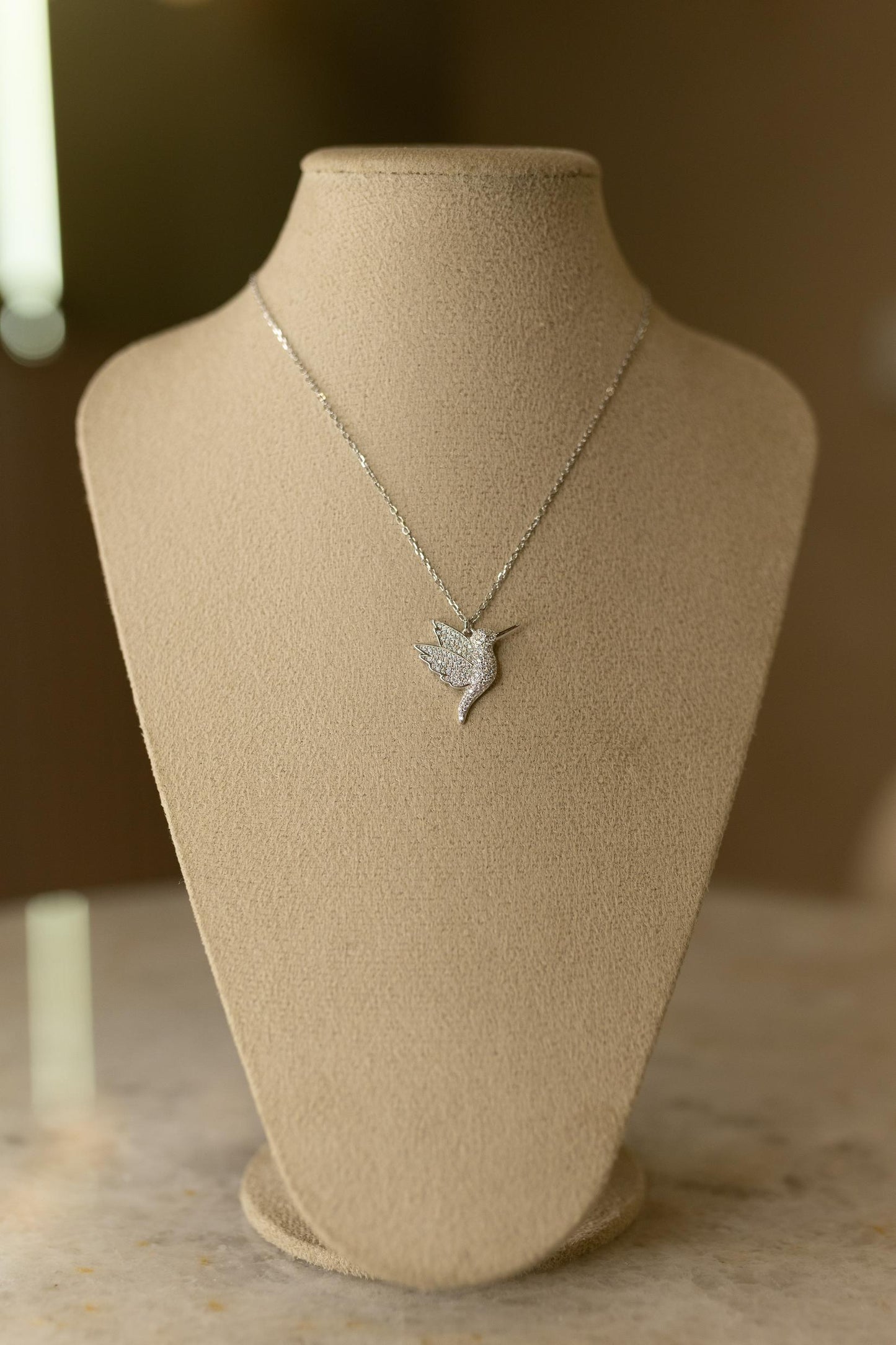 Colar Beija Flor Cravejado Prata 925 Ródio Branco