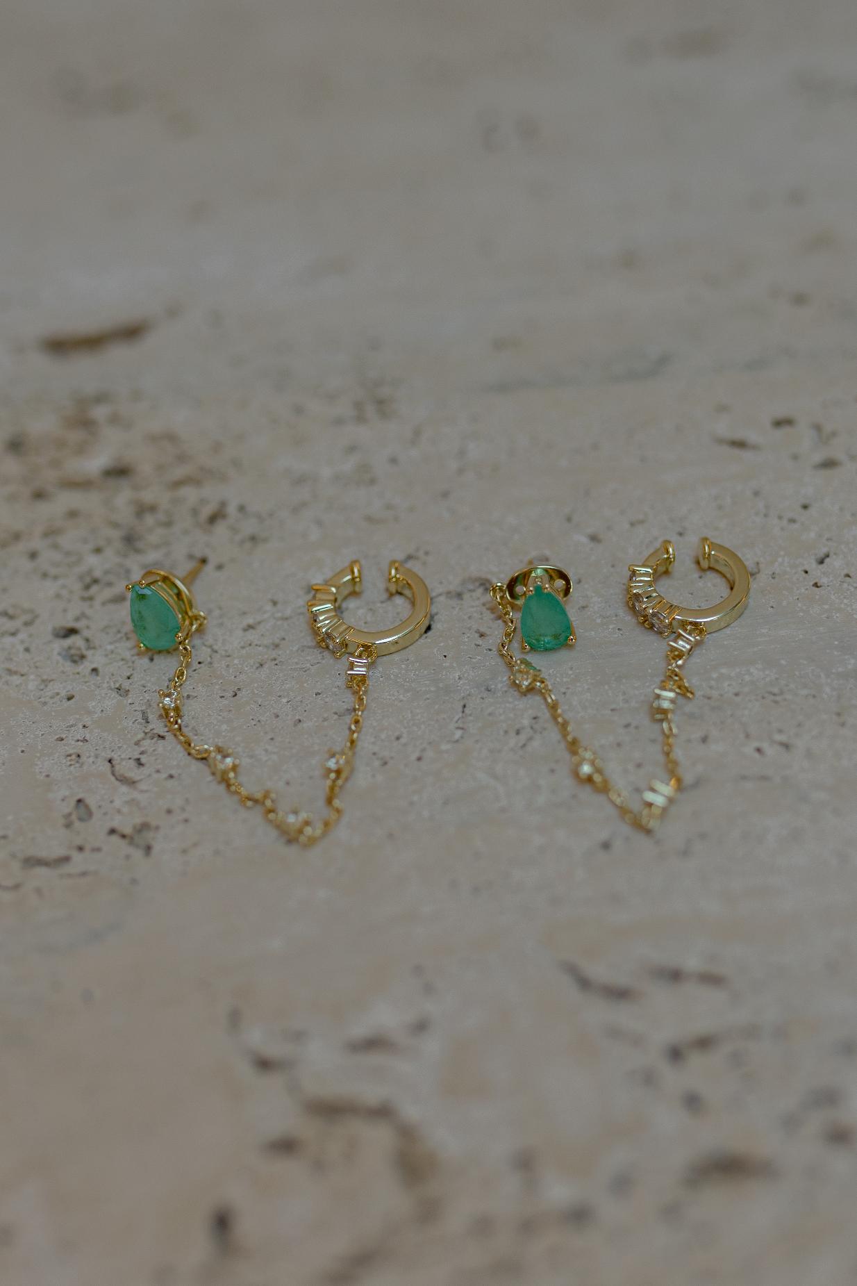 Brinco 2 em 1 Gota Turmalina Fusion Piercing Fake Dourado