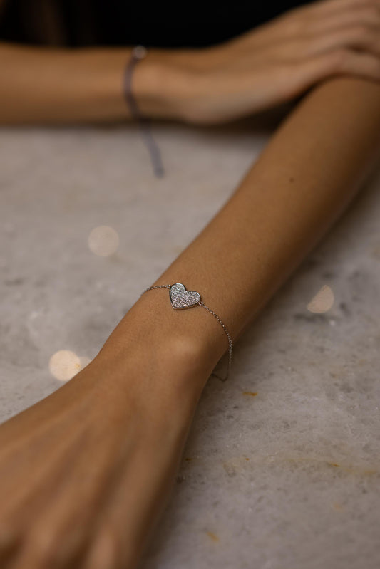 Pulseira Coração Cravejado Prata 925 Ródio Branco
