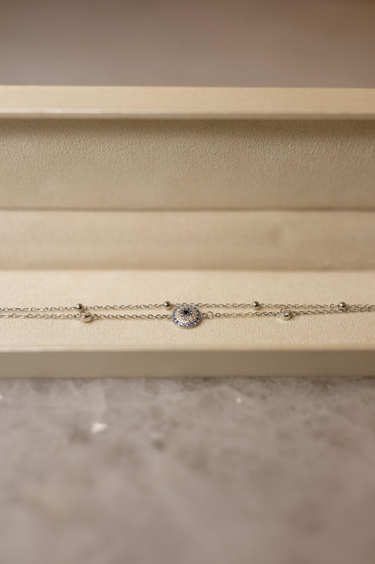 Pulseira Dupla Olho Grego Moissanite Prata 925 Ródio Branco
