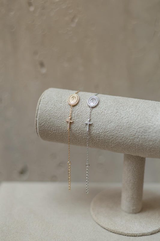 Pulseira Nossa Senhora das Graças Cruz Moissanite Prata 925 Dourado