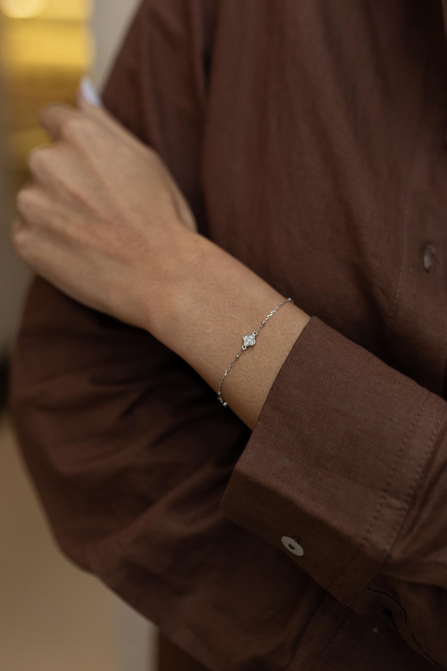 Pulseira Mini Trevos Cravejados Prata 925 Ródio Branco