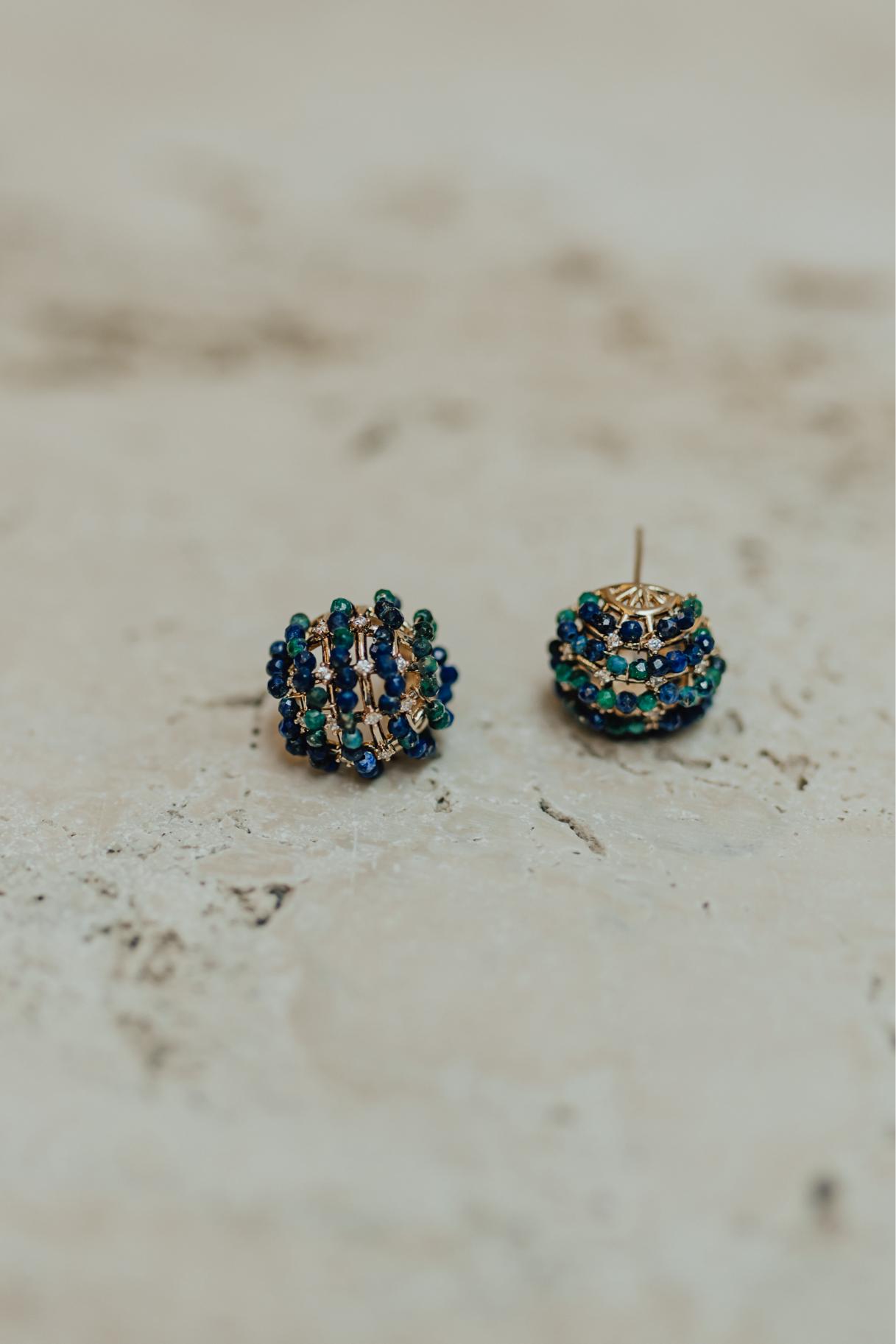 Brinco Redondo Sodalita e Malaquita Dourado