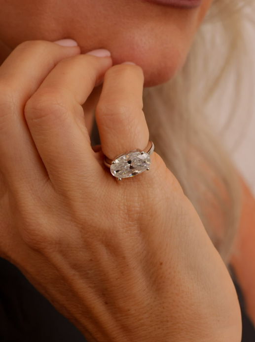 Anel Solitário Oval 8mm Prata 925 Moissanite Ródio Branco