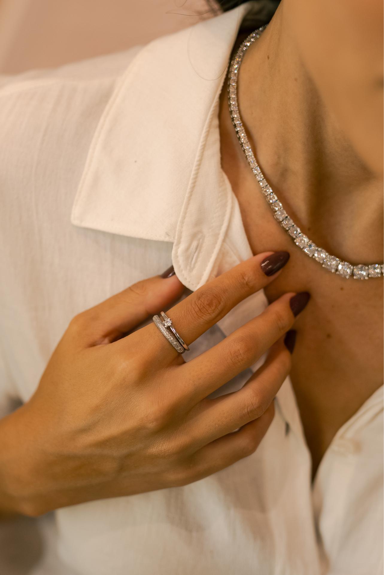 Anel Meia Aliança Prata 925 3 Fileiras Cravejado