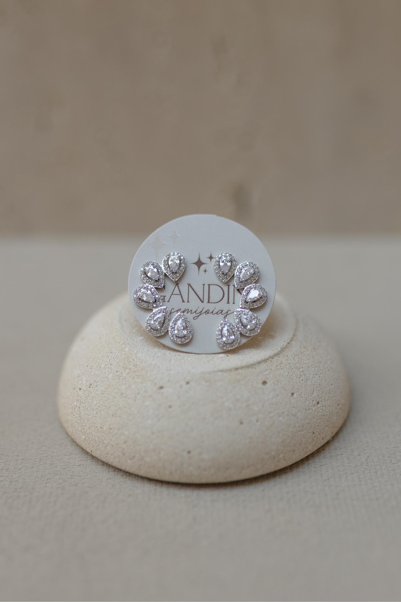 Brinco Ear Cuff Cristal Gotas Ródio Branco