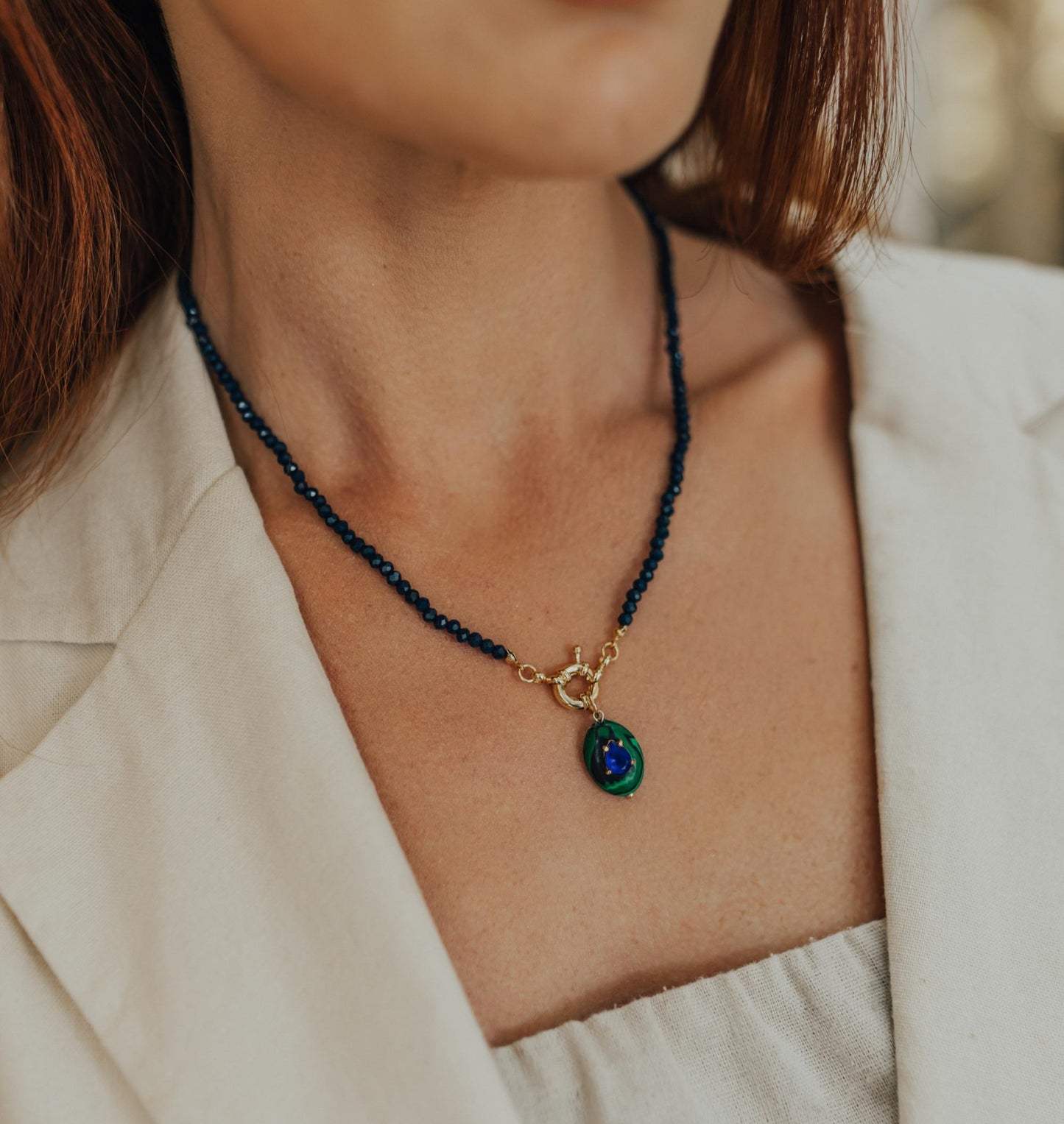 Colar Boho Pedra Malaquita Dourado