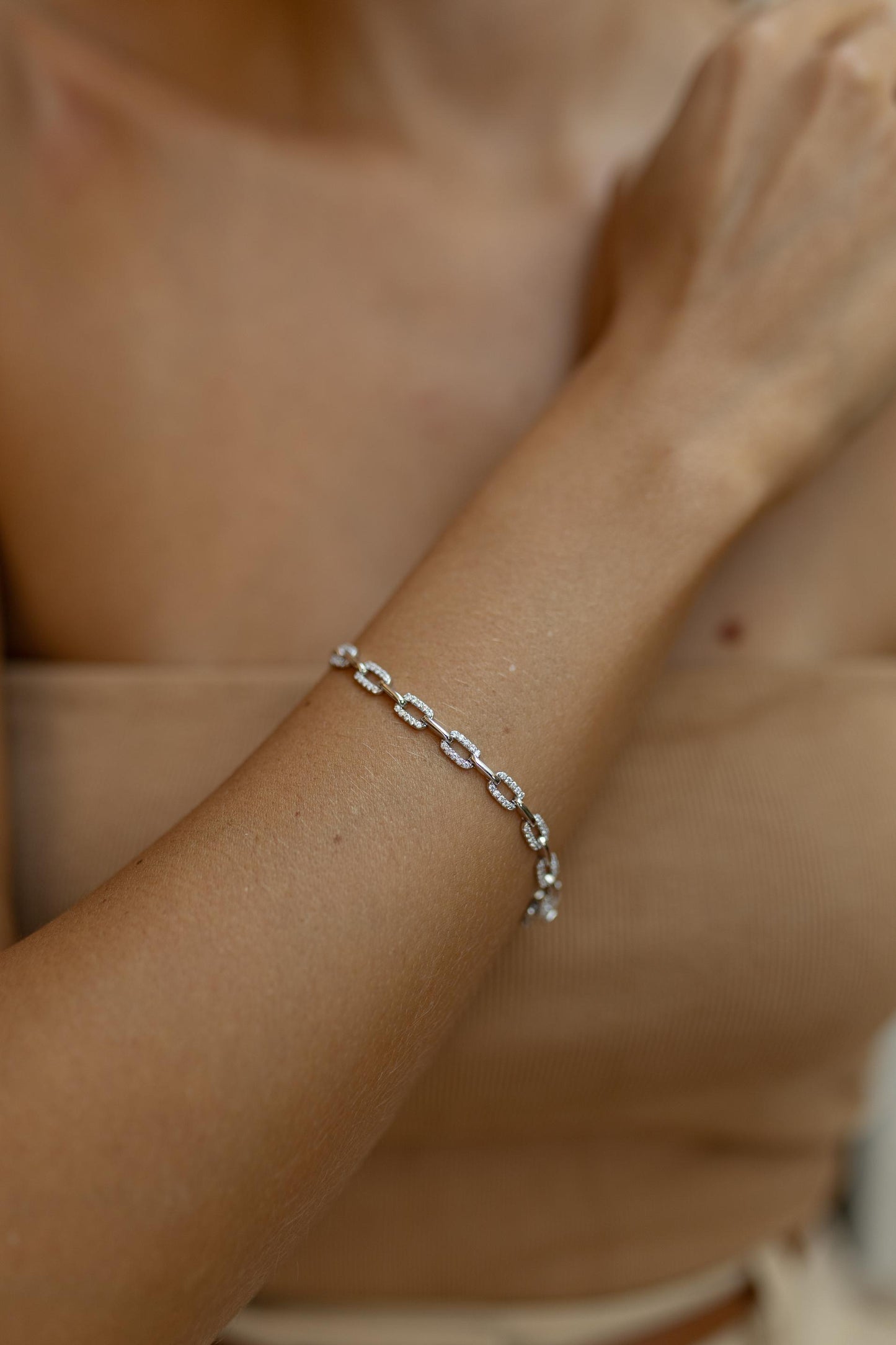 Pulseira Elos Cravejado Fecho Gaveta Ródio Branco