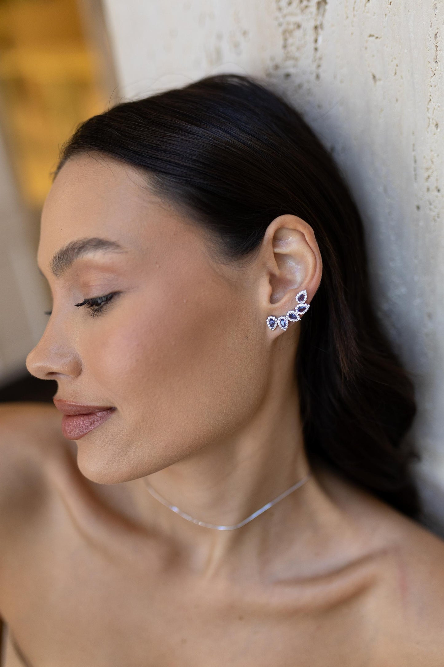 Brinco Ear Cuff Gotas Tanzanita Ródio Branco