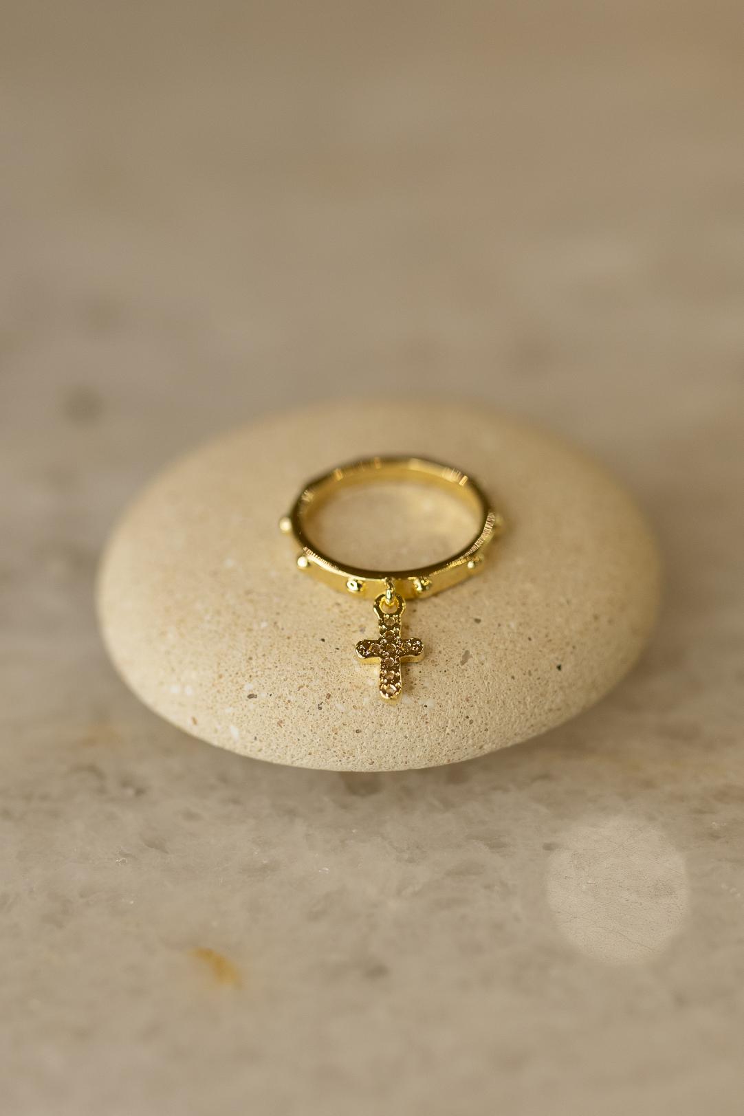 Anel Contas Pingente Crucifixo Dourado