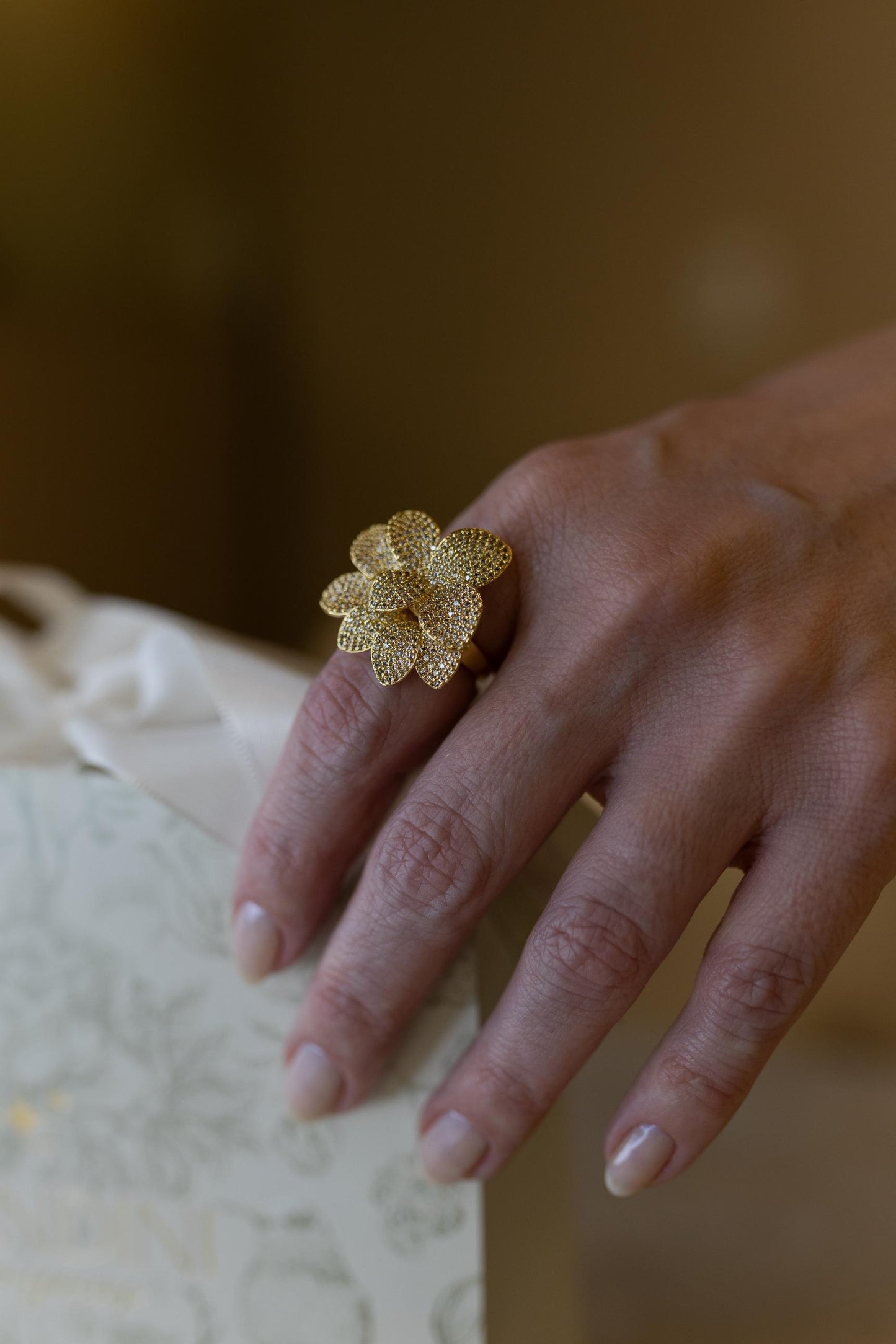 Anel Flor Duo Cravejado Dourado