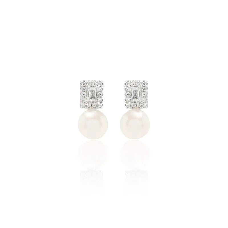 Brinco Pérola Mini Retângulo Prata 925 Ródio Branco