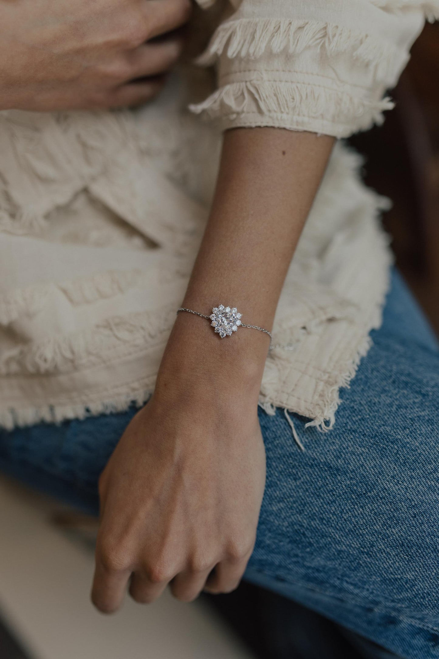 Pulseira Pingente Coração Cristal Prata 925 Ródio Branco