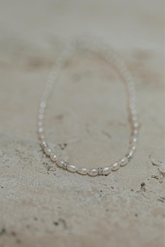 Colar Pérola com Entremeios Cravejados Prata 925 Ródio Branco