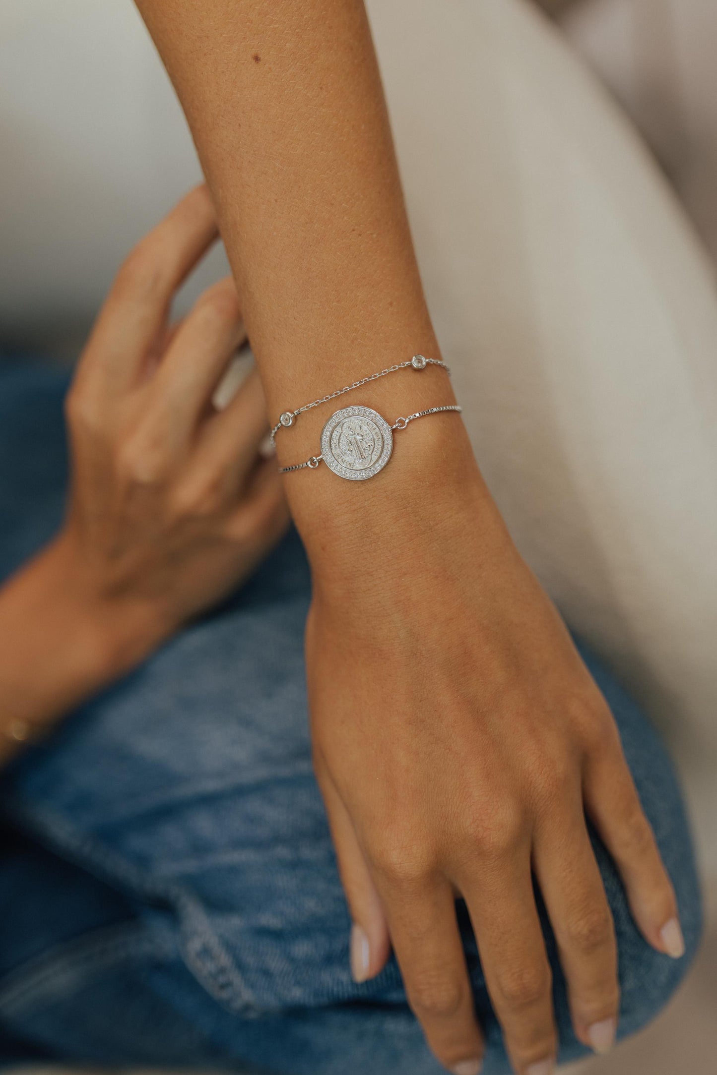 Pulseira Gravata São Bento Cravejado Ródio Branco