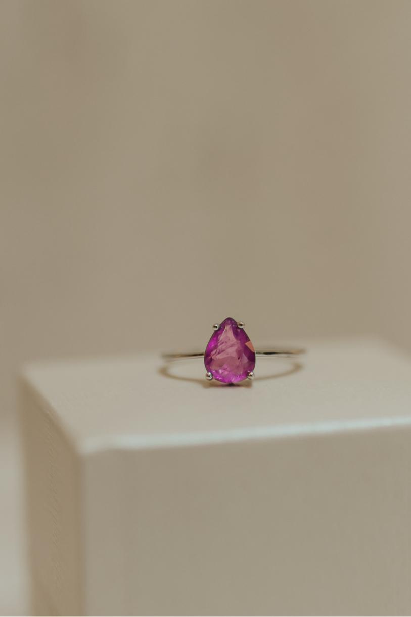 Anel Gota Ametista Prata 925 Ródio Branco