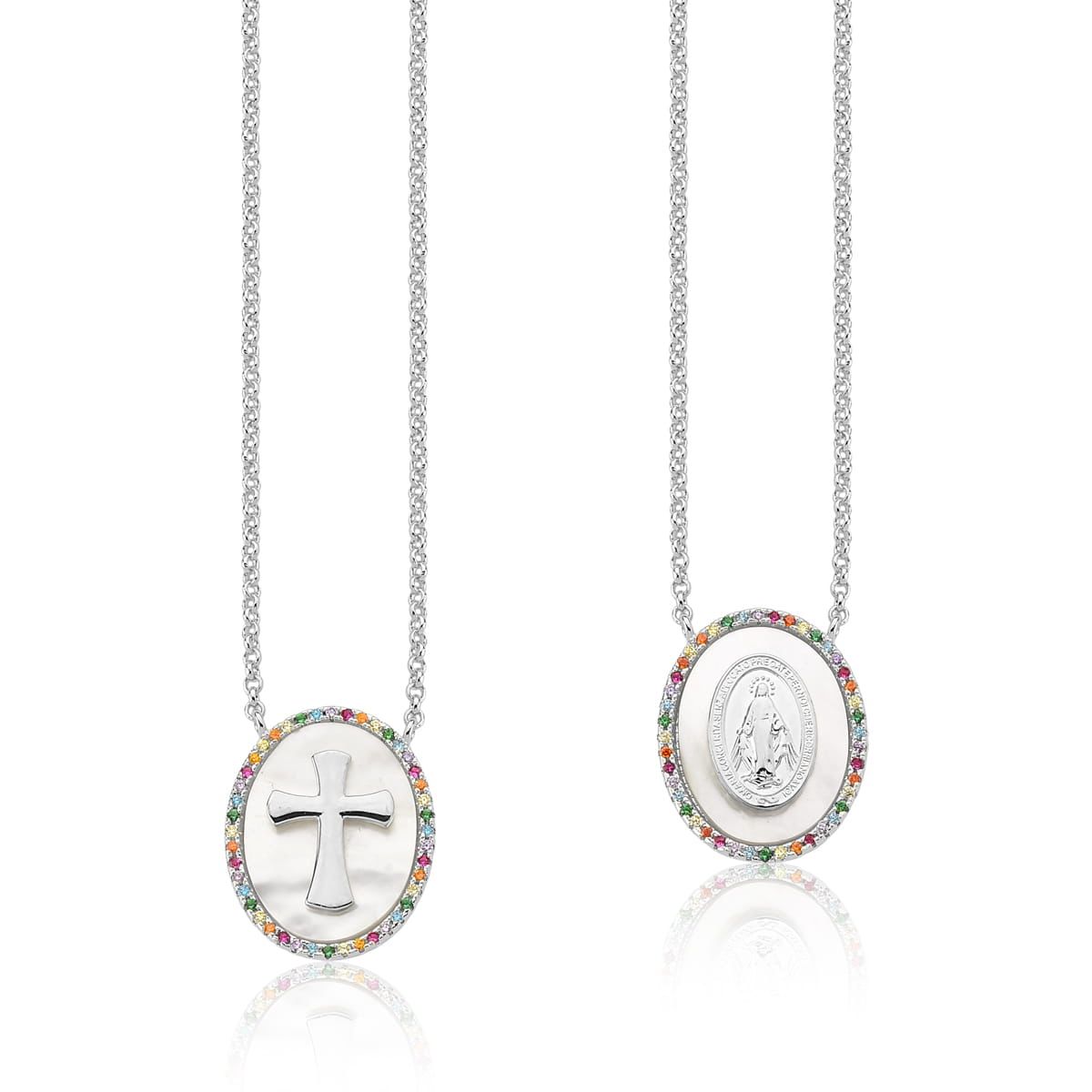 Colar Escapulário Madrepérola Rainbow Nossa Senhora das Graças Ródio Branco