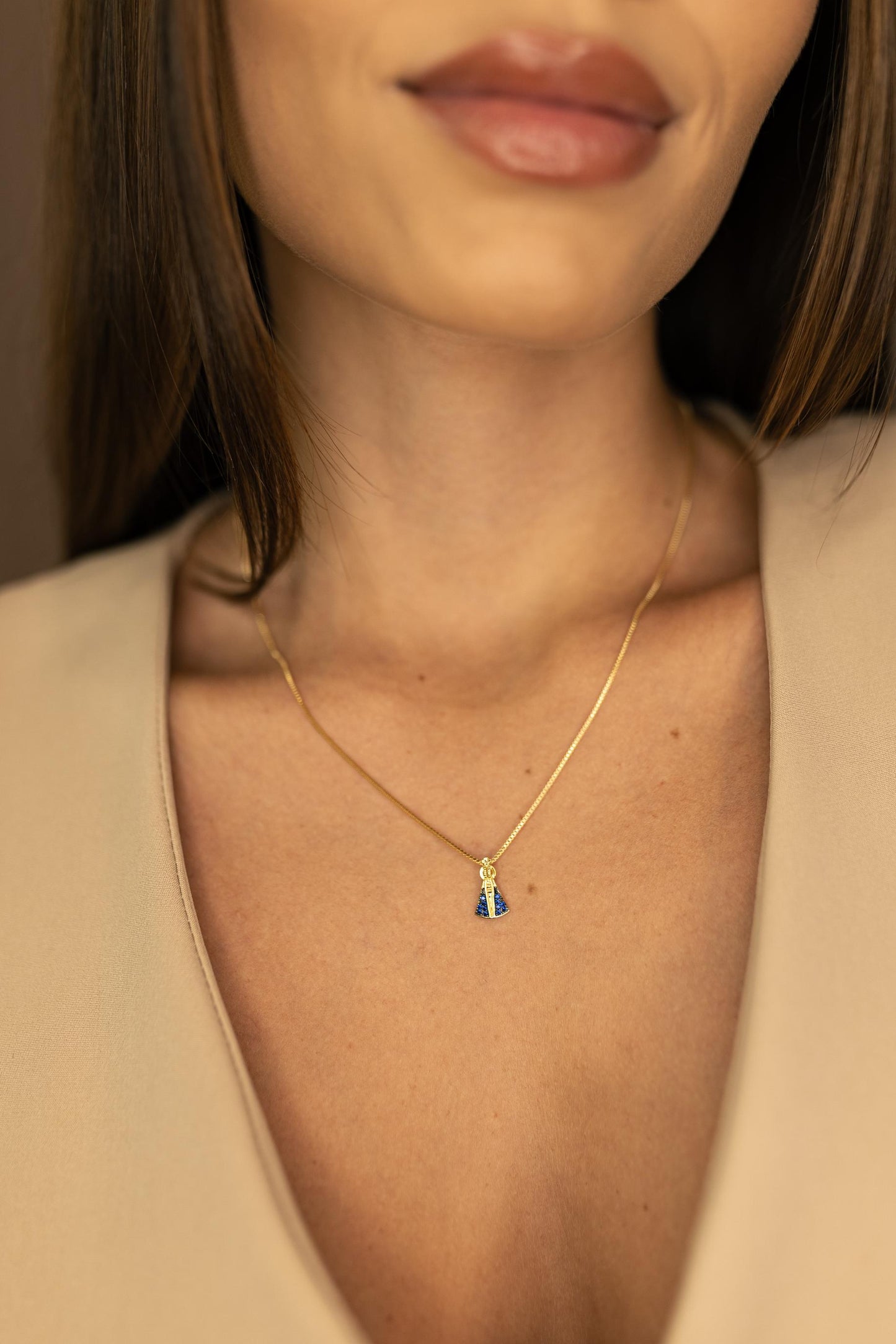 Colar Nossa Senhora Aparecida Mini Manto Azul Dourado