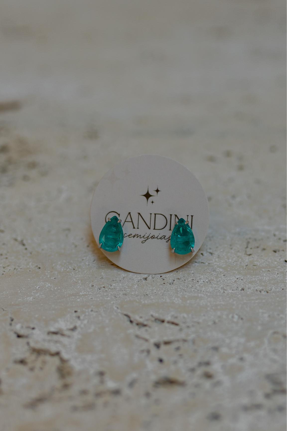 Brinco Gota Turmalina Verde Fusion Ródio Branco