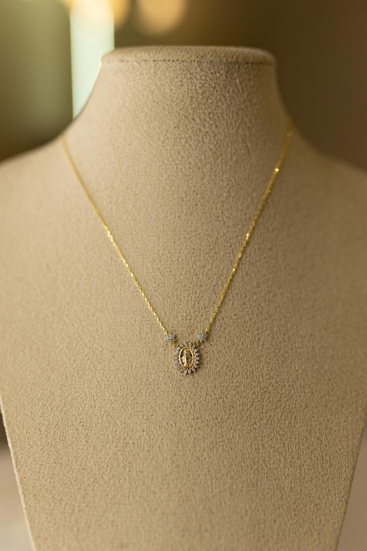Colar Mini Nossa Senhora das Graças Flores Moissanite Prata 925