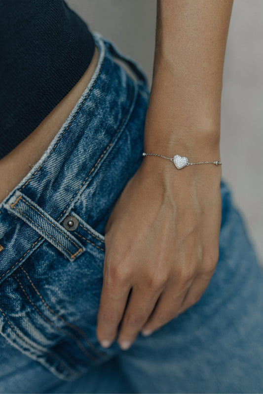 Pulseira Coração Bold Cravejado Prata 925 Ródio Branco
