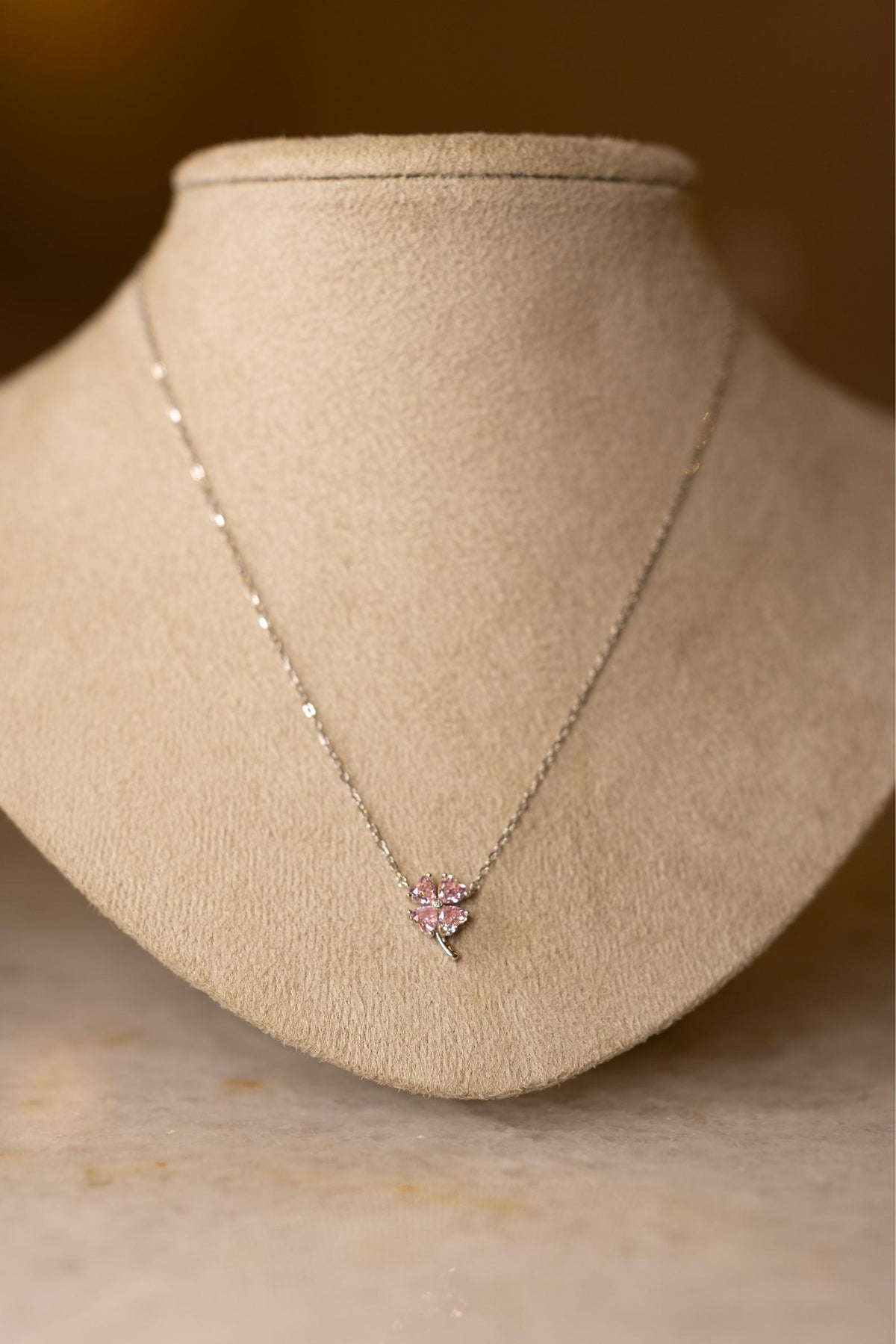 Colar Trevo Rosa Prata 925 Ródio Branco