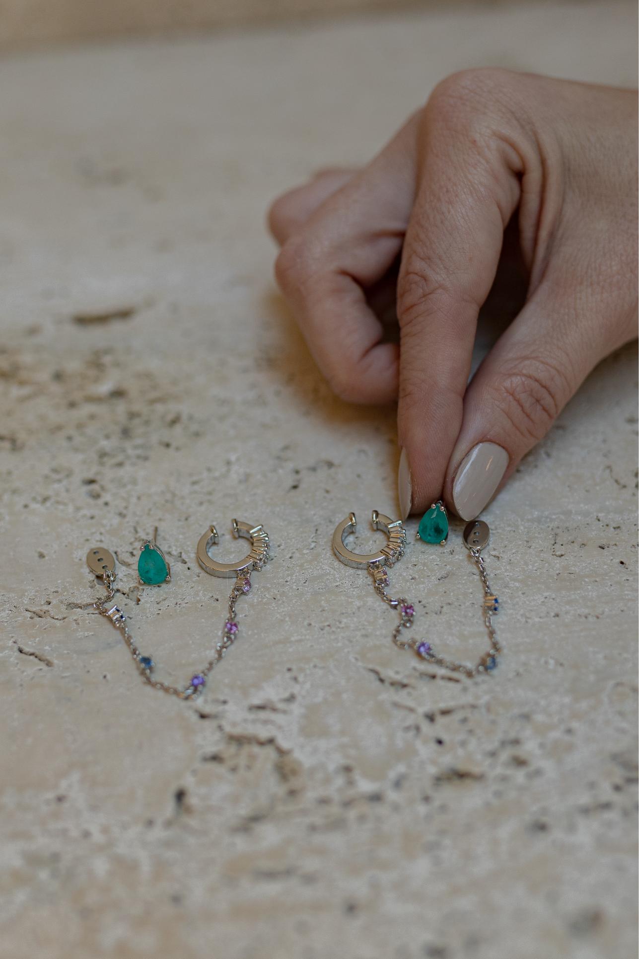 Brinco 2 em 1 Gota Turmalina Fusion Piercing Fake Ródio Branco