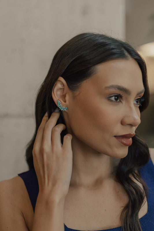 Brinco Ear Cuff Esmeralda Colombiana Ródio Branco