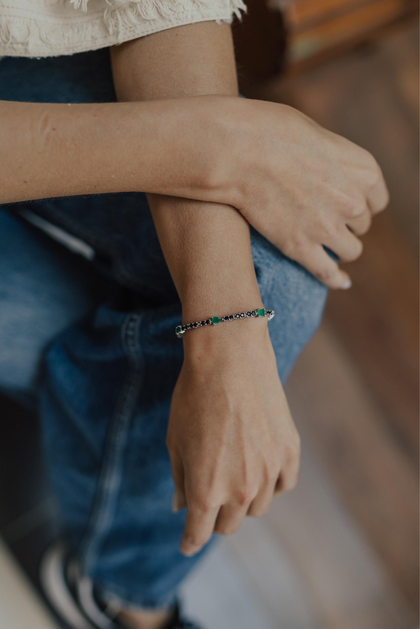Pulseira Riviera Ônix Esmeralda Ródio Branco