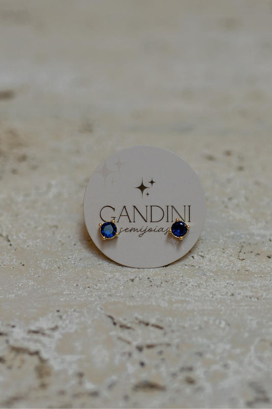 Brinco Solitário Redondo Safira Dourado