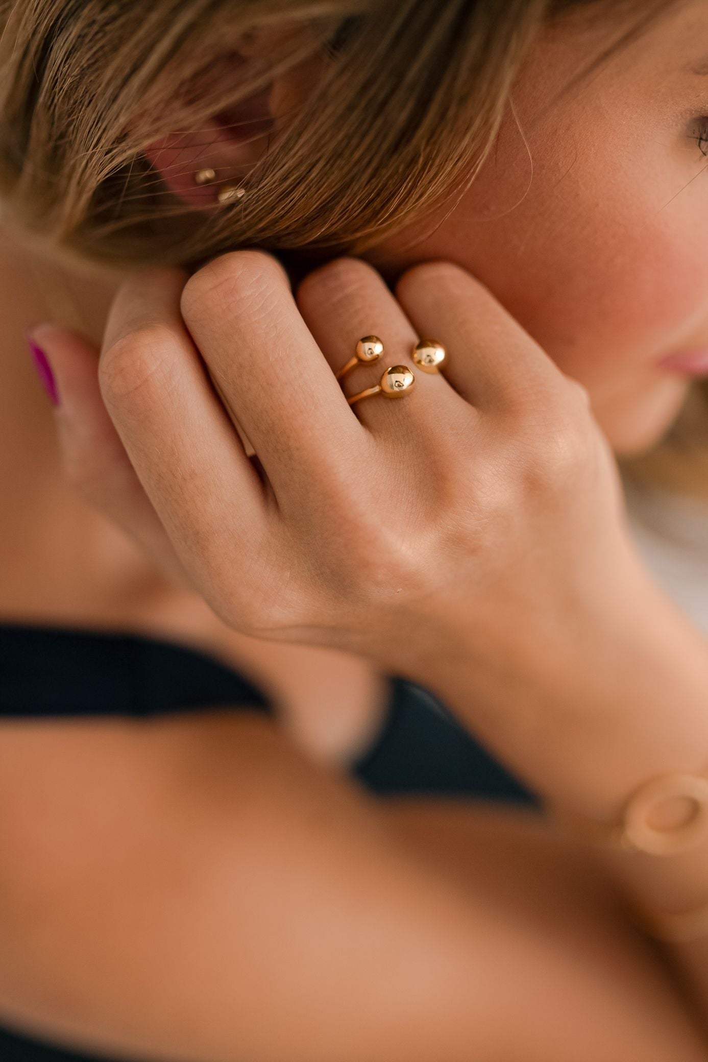 Anel Ajustável Design 3 Bolas Dourado