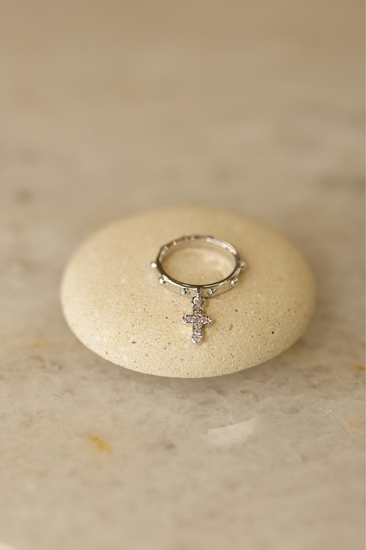 Anel Contas Pingente Crucifixo Ródio Branco