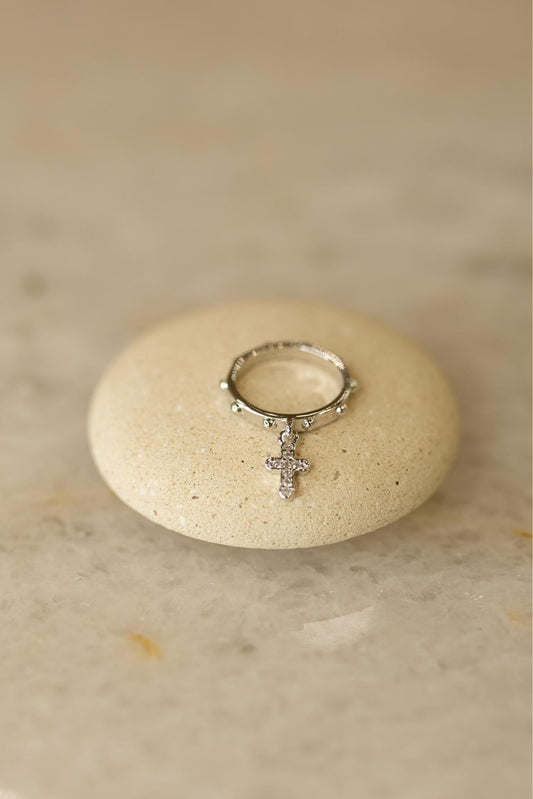 Anel Contas Pingente Crucifixo Ródio Branco