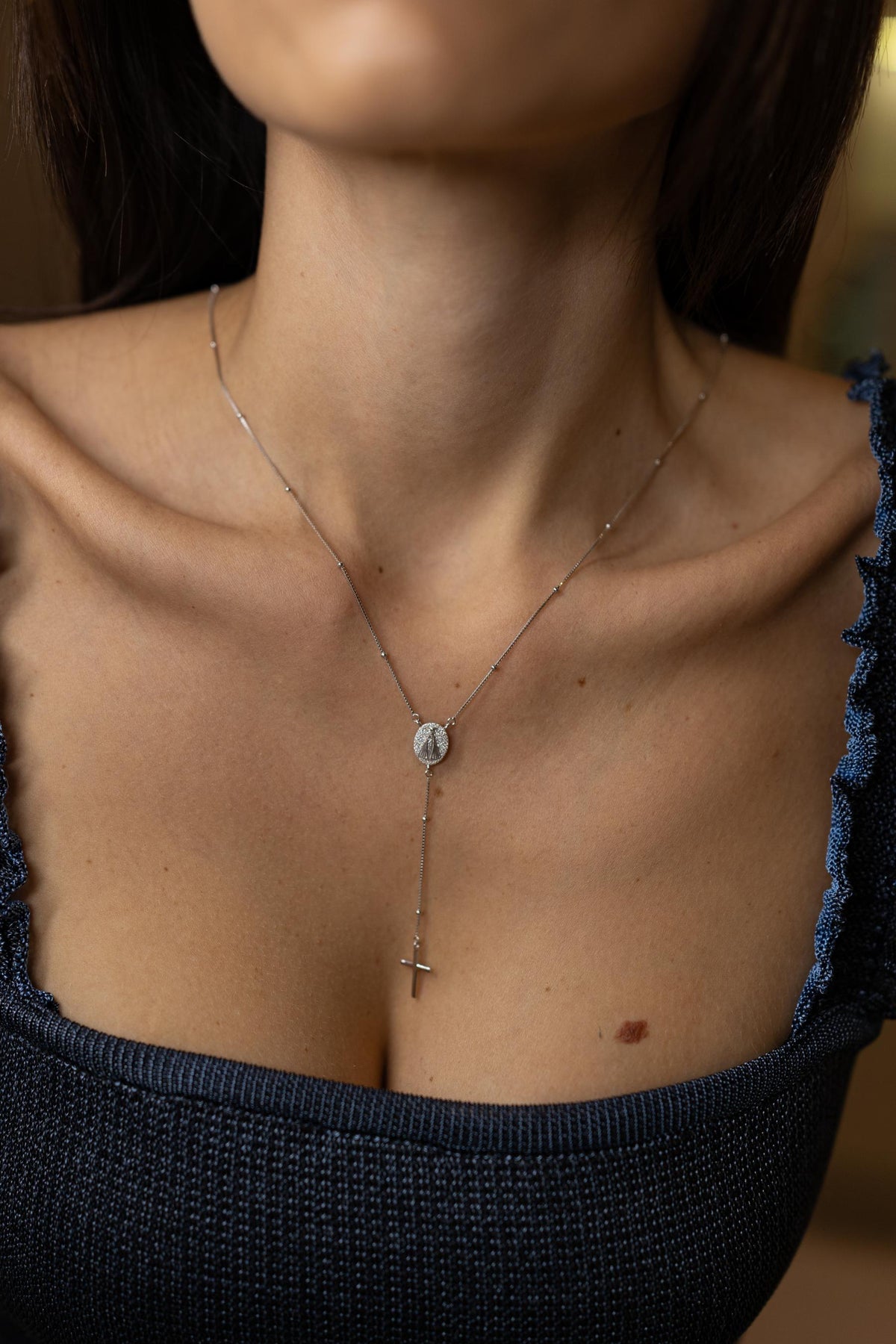 Colar Terço Nossa Senhora Aparecida Moissanite Prata 925 Ródio Branco
