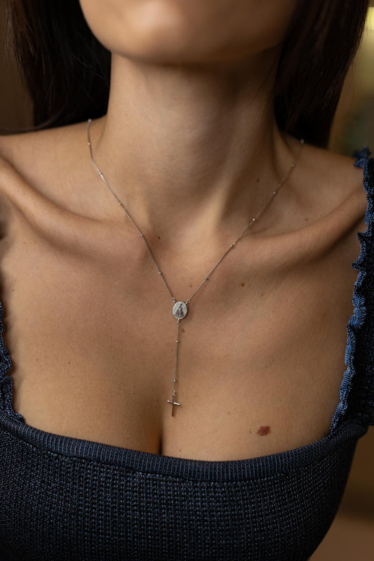 Colar Terço Nossa Senhora Aparecida Moissanite Prata 925 Ródio Branco