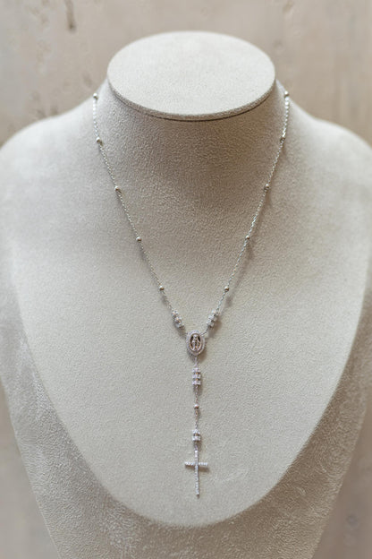 Colar Terço Nossa Senhora das Graças Moissanite Prata 925 Ródio Branco