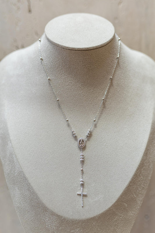 Colar Terço Nossa Senhora das Graças Moissanite Prata 925 Ródio Branco